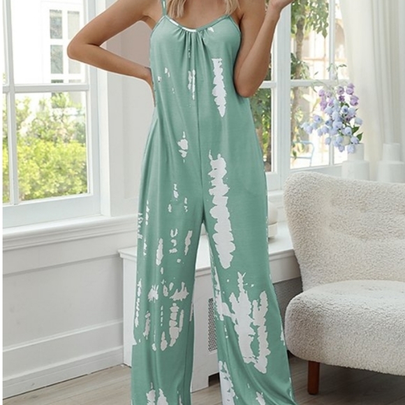 Green & White Tie Dye Palazzo Jumpsuit - Picture 6 of 6